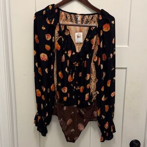 NWT Intimately Free People Floral Black/Orange Women's S Bodysuit Boho Festival